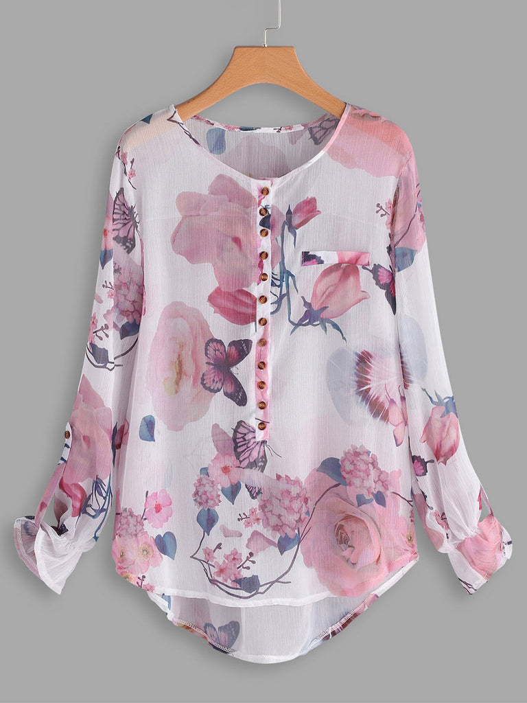 Round Neck Floral Print Long Sleeve Curved Hem Plus Size Tops