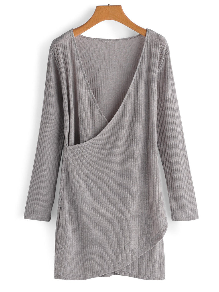 Grey Crossed Collar Deep V Neck Long Sleeve Plain Crossed Front Dress