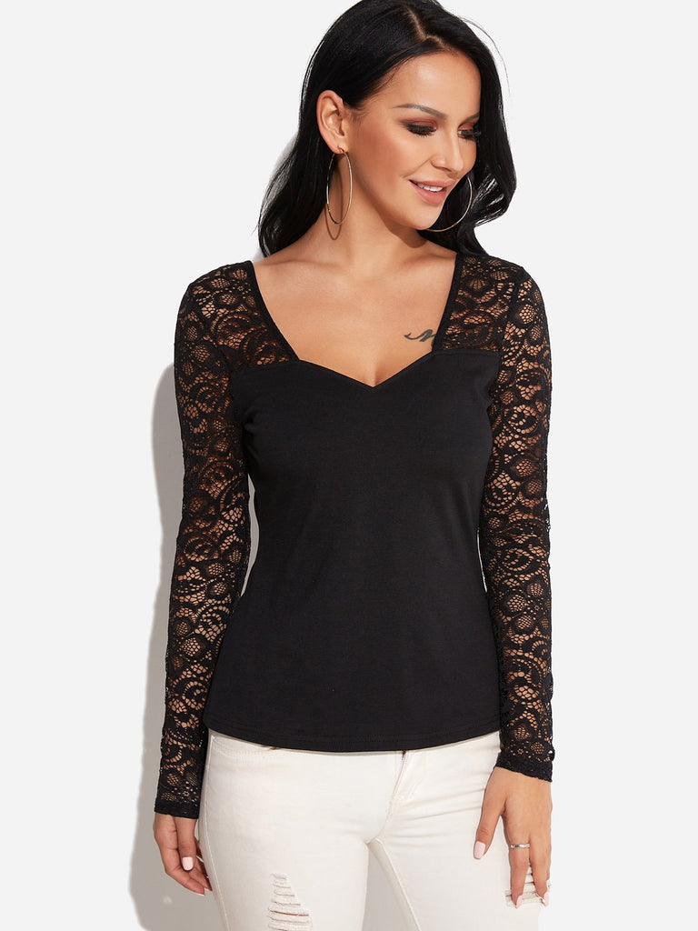 V-Neck Lace Long Sleeve Black T-Shirts