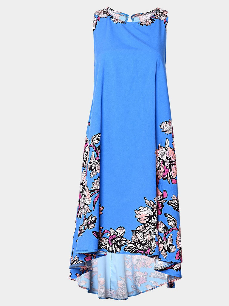 Blue Round Neck Sleeveless Floral Print Curved Hem Dresses