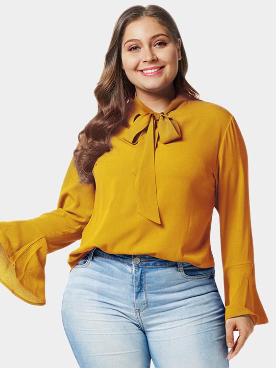 Plus Size Tie Neck Bell Sleeve Blouse