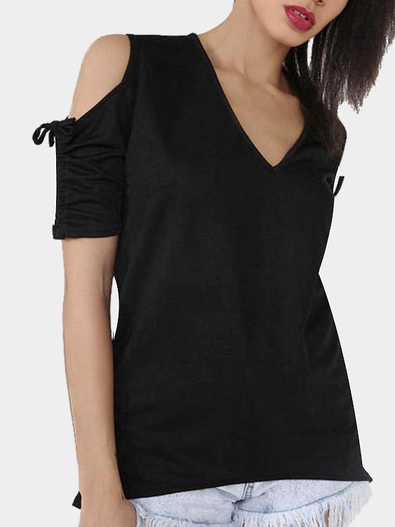 V-Neck Cold Shoulder Short Sleeve Black T-Shirts