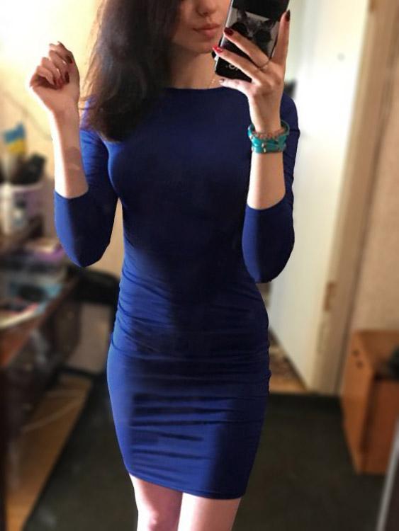 Blue Crew Neck Round Neck Long Sleeve Plain Bodycon Sexy Dress