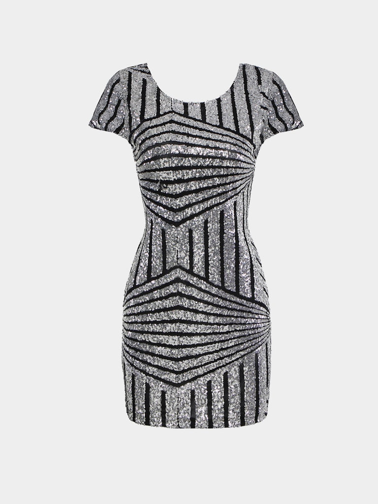 Silver Crew Neck Short Sleeve Stripe Geometrical Zip Back Sexy Dresses