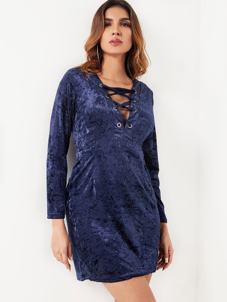 Navy V-Neck Long Sleeve Plain Lace-Up Dresses