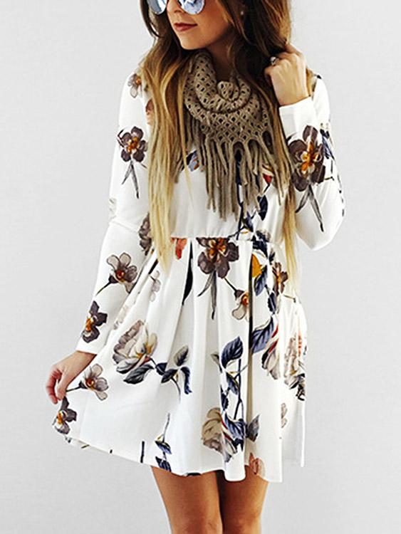 White Round Neck Long Sleeve Floral Print High-Waisted Dress