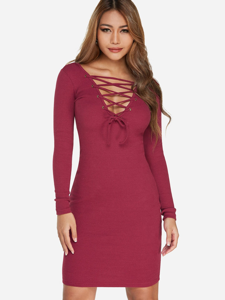 Ladies Burgundy V-Neck Dresses