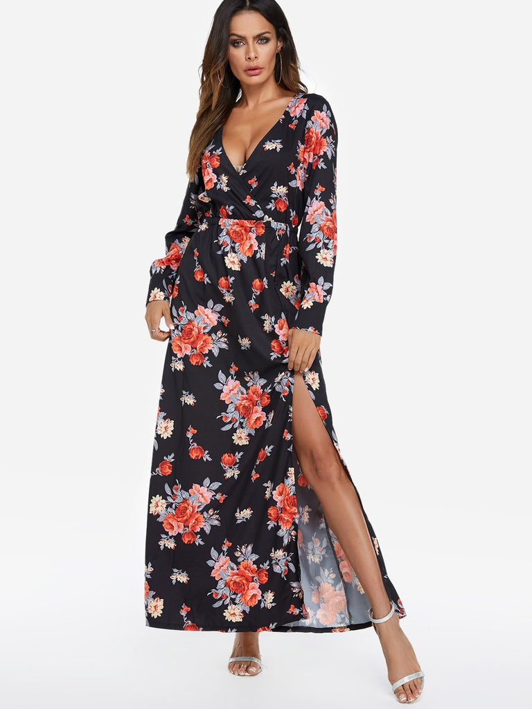 Black Deep V Neck Long Sleeve Floral Print Wrap Slit Hem Maxi Dress