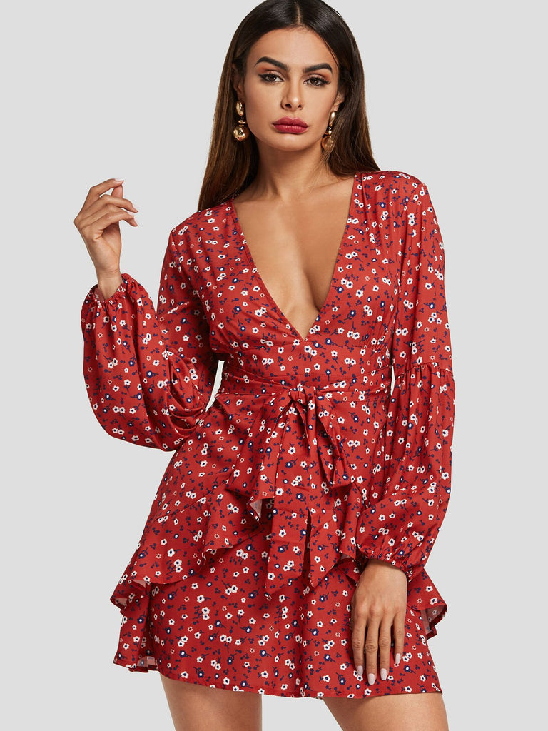 Red Deep V Neck Long Sleeve Floral Print Self-Tie Dresses