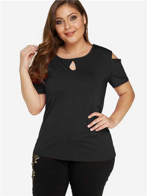 Round Neck Cold Shoulder Plain Cut Out Short Sleeve Plus Size Tops