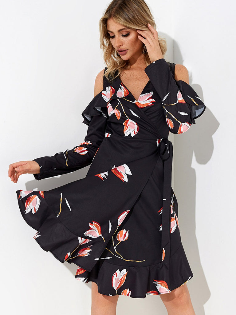 Black V-Neck Cold Shoulder Long Sleeve Floral Print Self-Tie Flounced Hem Dresses