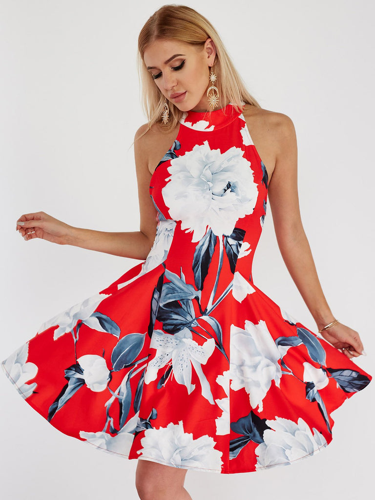 Red Halter Sleeveless Floral Print Backless Flounced Hem Dresses