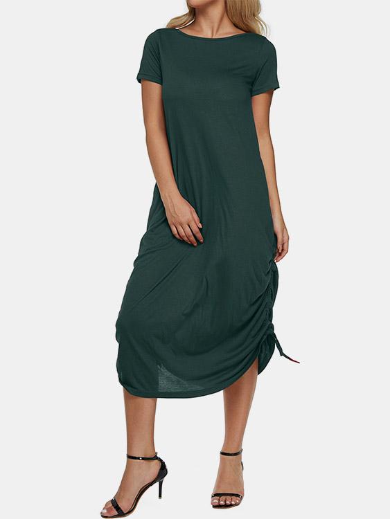 Green Round Neck Short Sleeve Lace-Up Pleated Curved Hem Sexy Dresses