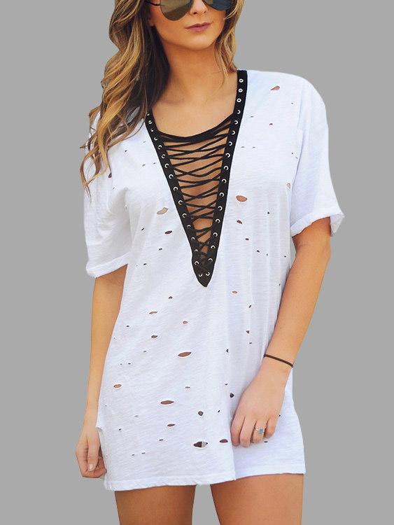 V-Neck Short Sleeve Random Ripped Lace-Up Mini Dress