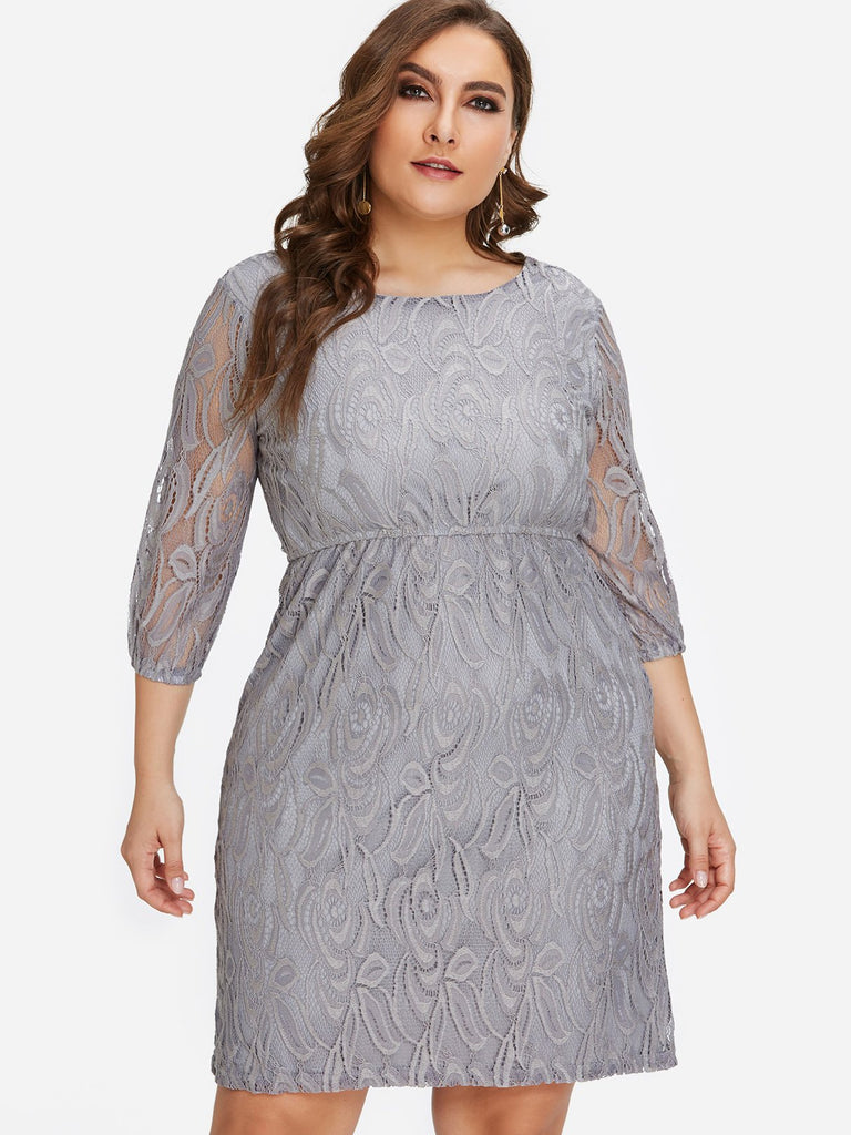 Round Neck Plain Lace Cut Out 3/4 Sleeve Grey Plus Size Dress