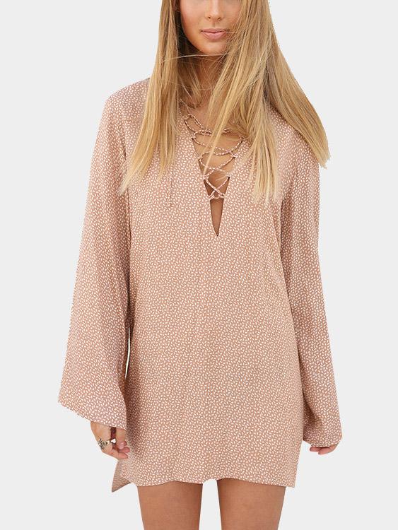 Random Speckled Print V Neck With Lace Up At Bust Dresses