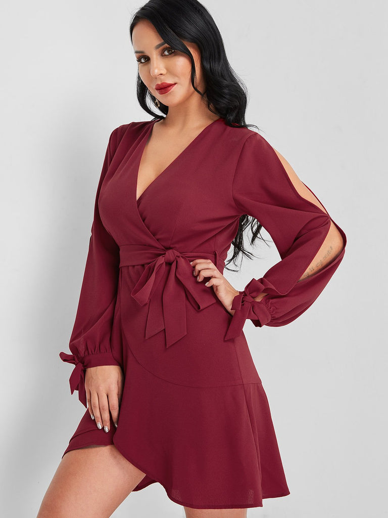 Burgundy V-Neck Long Sleeve Plain Cut Out Belt Wrap Flounced Hem Mini Dress