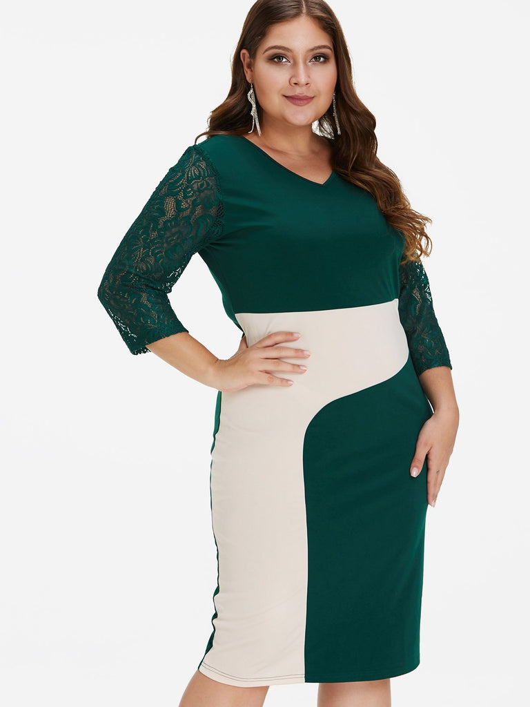 V-Neck Lace 3/4 Sleeve Bodycon Plus Size Dress