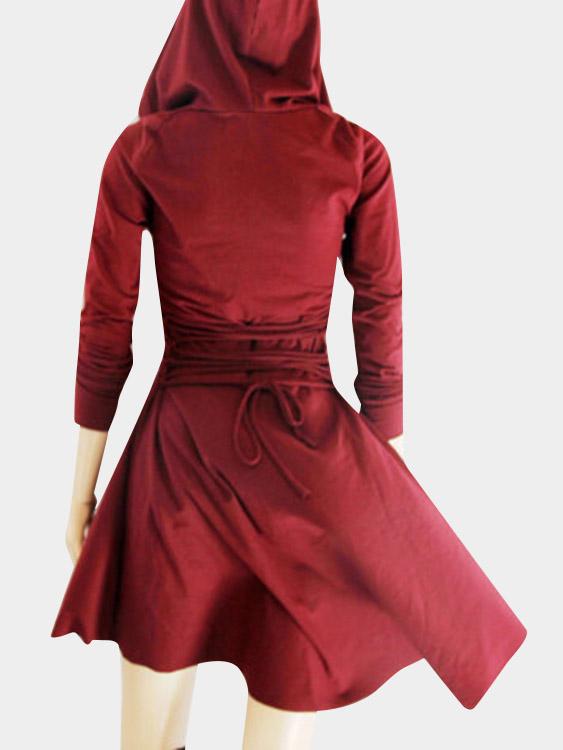 V-Neck Pullover Long Sleeve Plain Hooded Lace-Up Irregular Hem Dress