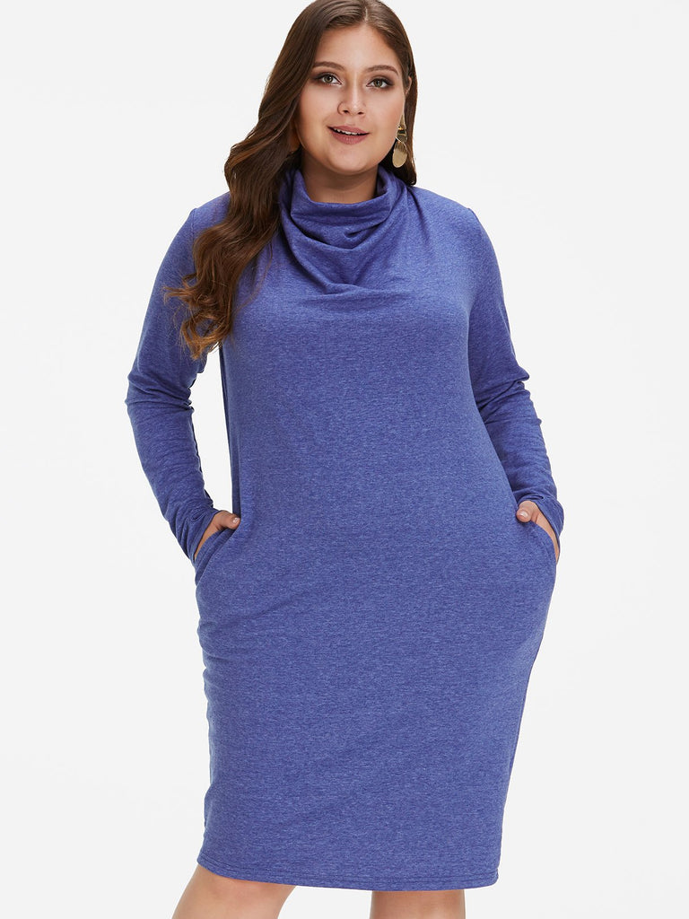 Plain Side Pockets Long Sleeve Plus Size Dress