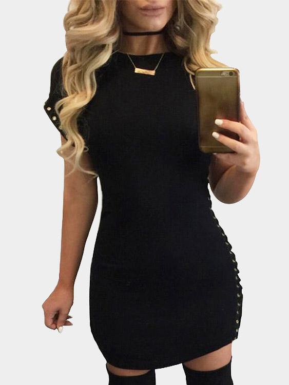 Black Round Neck Short Sleeve Lace-Up Bodycon Mini Dresses