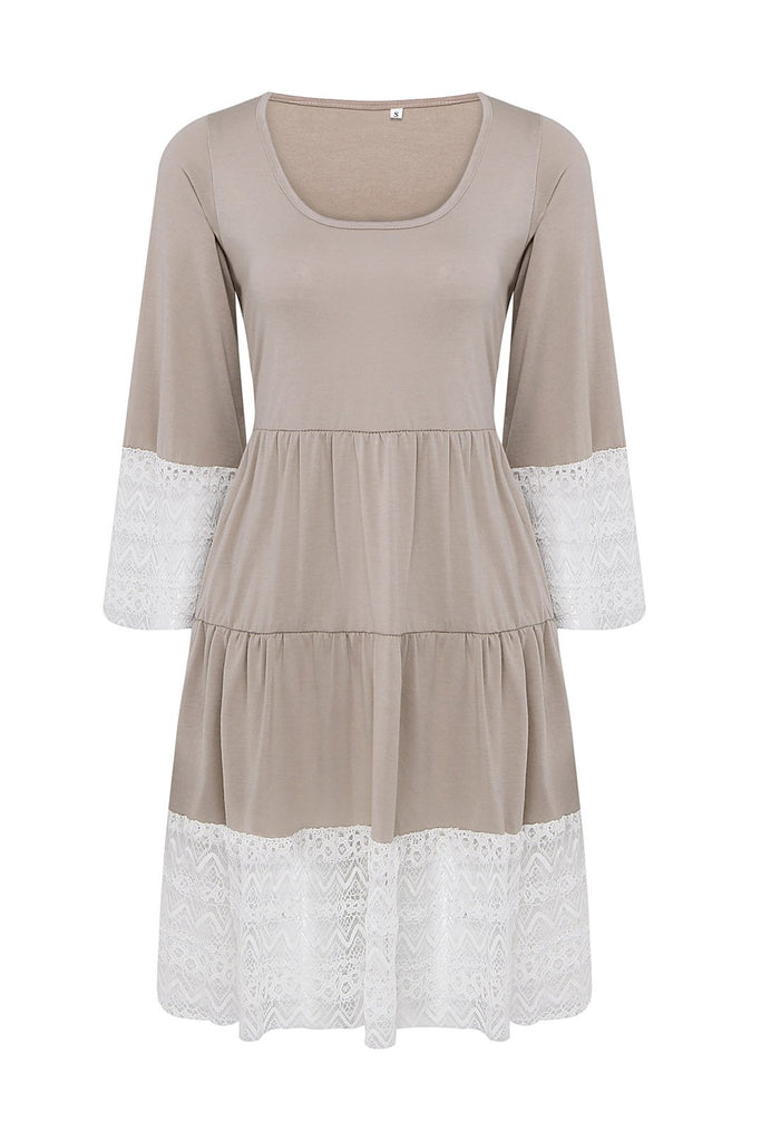 Khaki Scoop Neck 3/4 Length Sleeve Lace Casual Dress