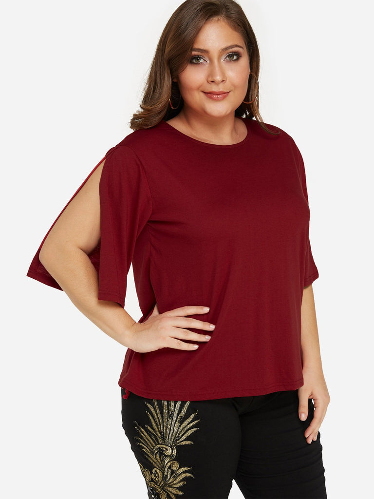 Round Neck Plain Half Sleeve Burgundy Plus Size Tops