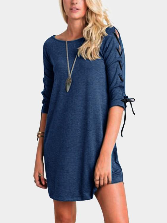 Blue Round Neck Half Sleeve Lace-Up Curved Hem Casual Dresses