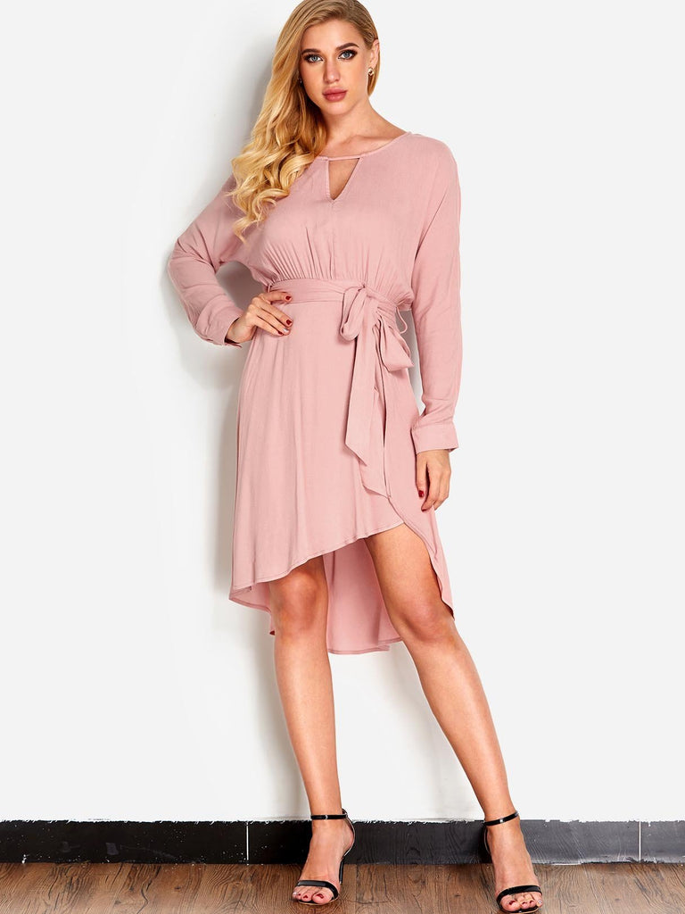 Pink Crew Neck Long Sleeve Plain Cut Out Pleated Self-Tie Casual Dress