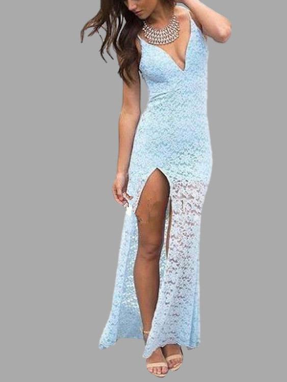 Blue V-Neck Sleeveless Lace Slit Hem Maxi Dresses