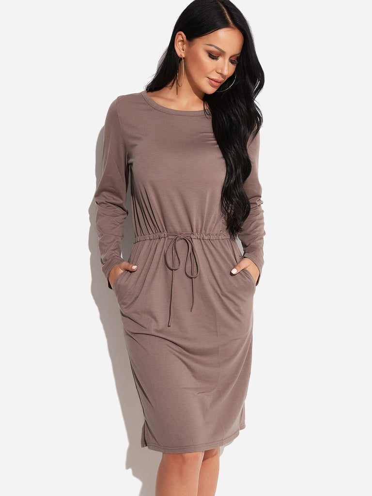 Round Neck Long Sleeve Plain Lace-Up Sexy Dress