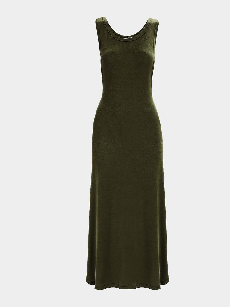 Green Round Neck Sleeveless Slit Hem Sexy Dress