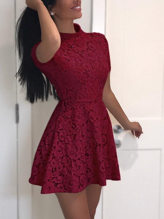 Burgundy Crew Neck Short Sleeve Lace Zip Back Mini Dresses