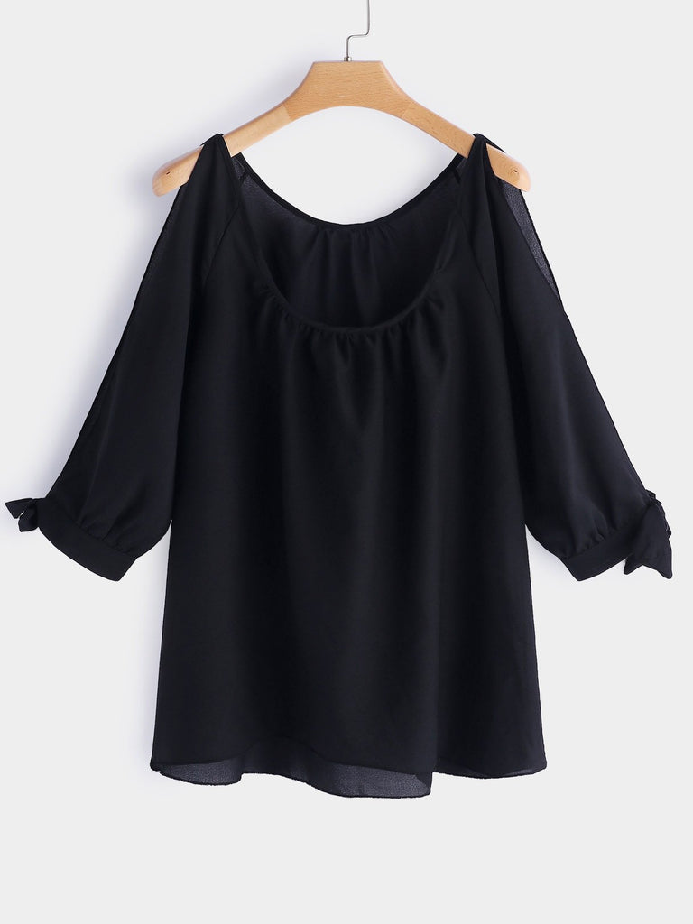 Round Neck Cold Shoulder Plain Self-Tie 3/4 Sleeve Irregular Hem Black Plus Size Tops