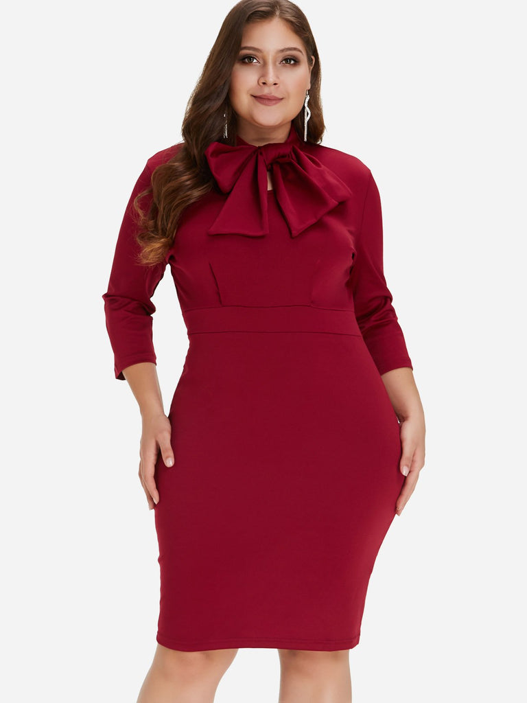 Plain Self-Tie 3/4 Sleeve Burgundy Plus Size Dress