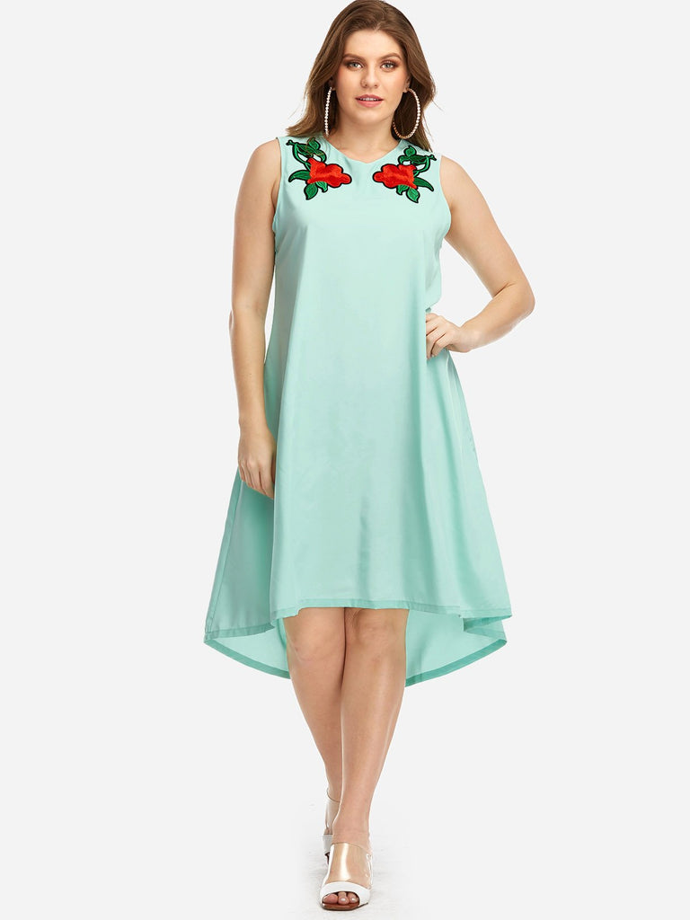 V-Neck Embroidered Sleeveless High-Low Hem Plus Size Dresses