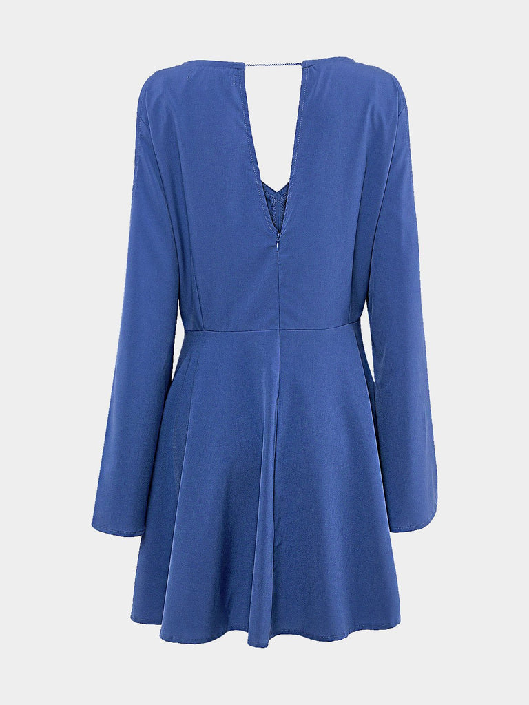 Round Neck Tassel Zip Back Ruffle Hem Blue Plus Size Dresses