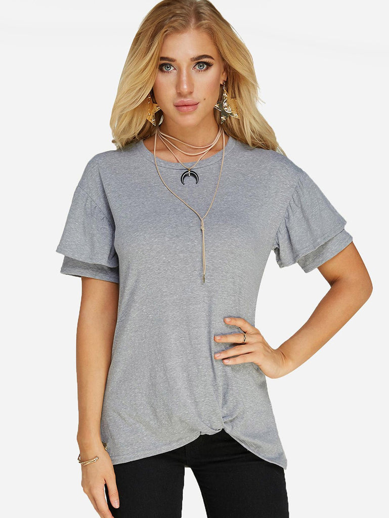 Round Neck Plain Crossed Front Short Sleeve Grey T-Shirts