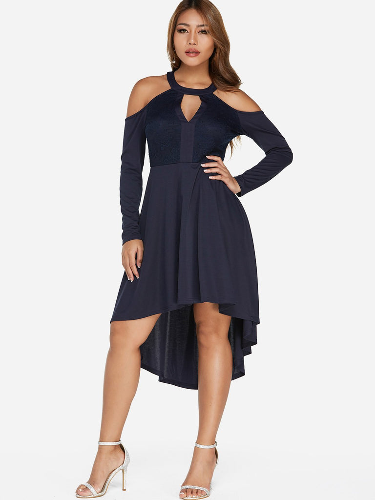 Navy Halter Long Sleeve Lace Cut Out Sexy Dresses