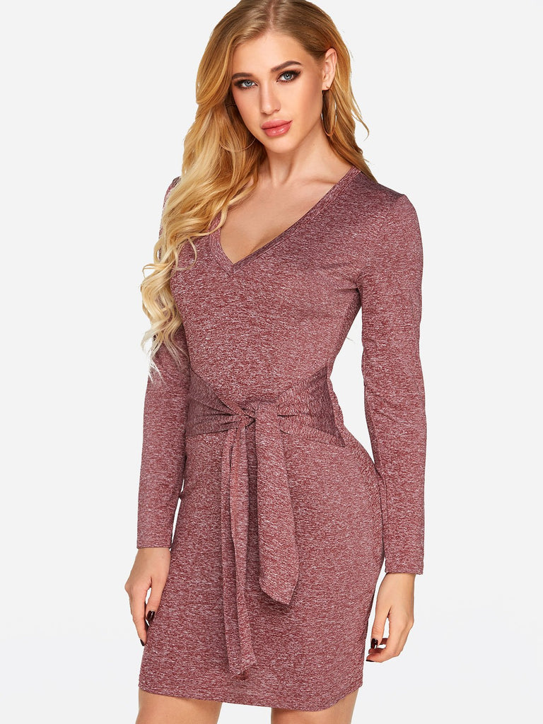 V-Neck Long Sleeve Self-Tie Dresses