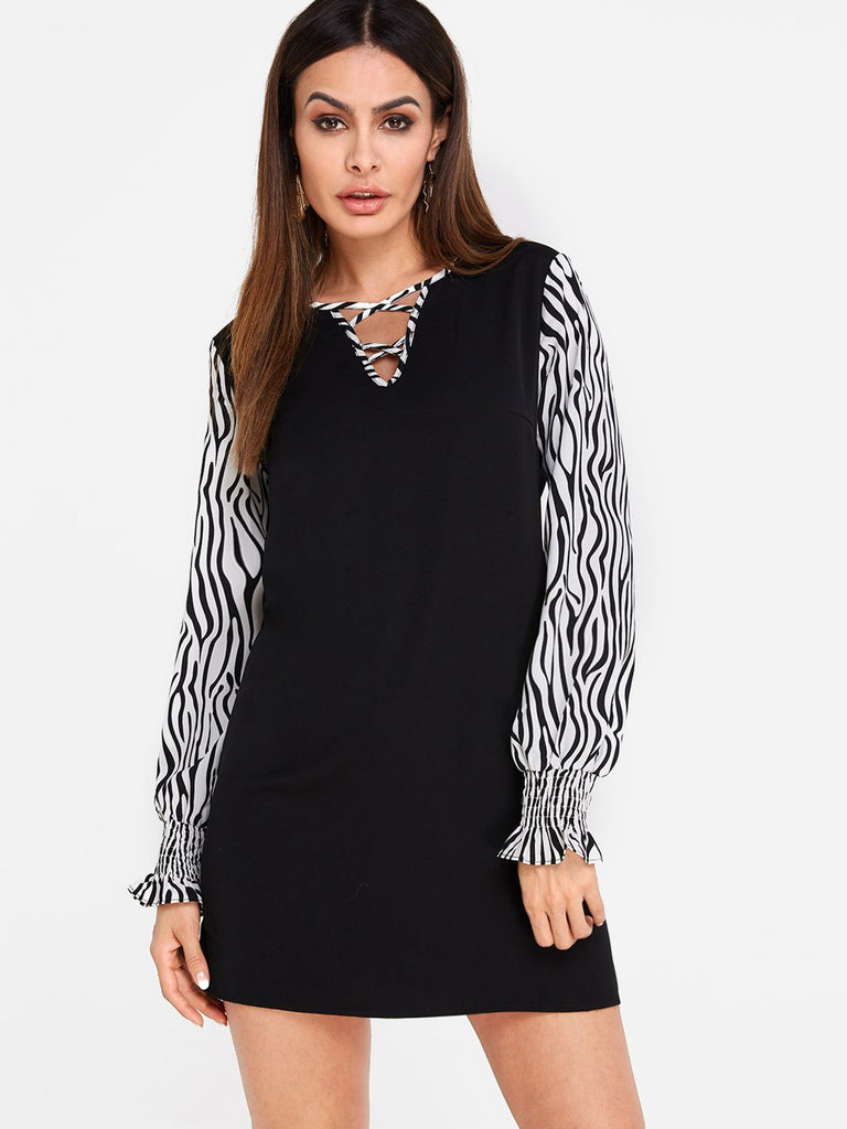 Black V-Neck Long Sleeve Zebra Criss-Cross Mini Dress