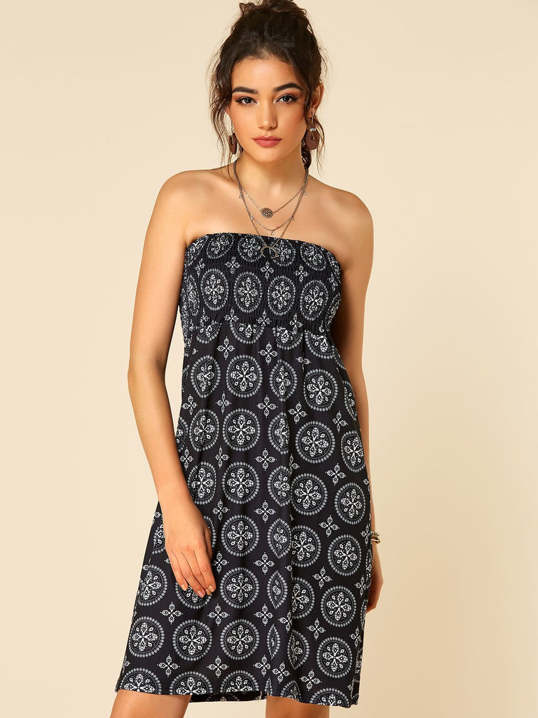 Black Strapless Sleeveless Tribal Print Backless Casual Dress