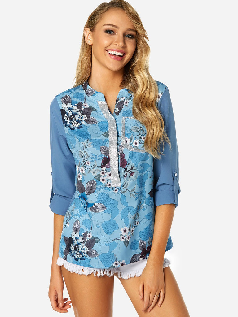 V-Neck Floral Print Side Pockets Sequins Embellished 3/4 Sleeve T-Shirts