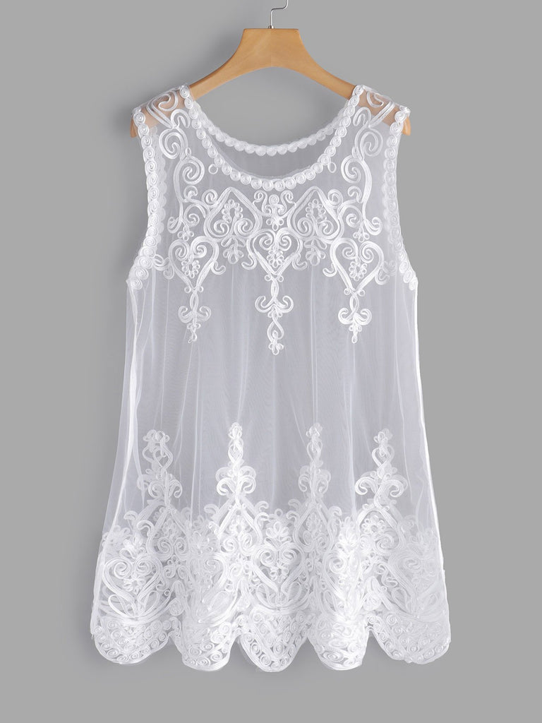 Round Neck Embroidered Lace See Through Sleeveless Plus Size Tops