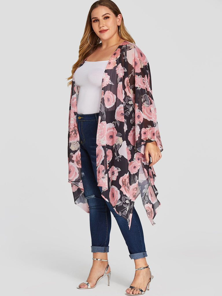 Floral Print Half Sleeve Irregular Slit Hem Plus Size Tops