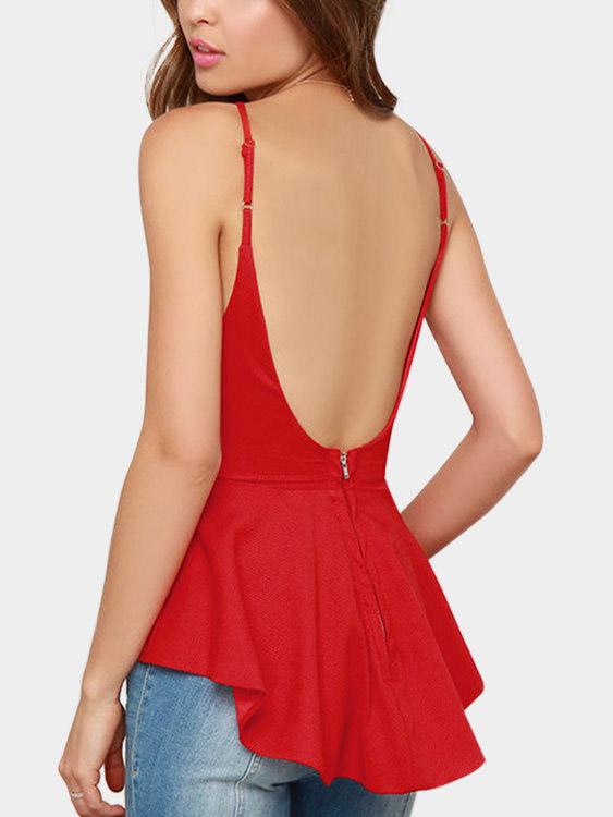 Square Neck Plain Zip Back Backless Pleated Sleeveless Irregular Hem Red Camis