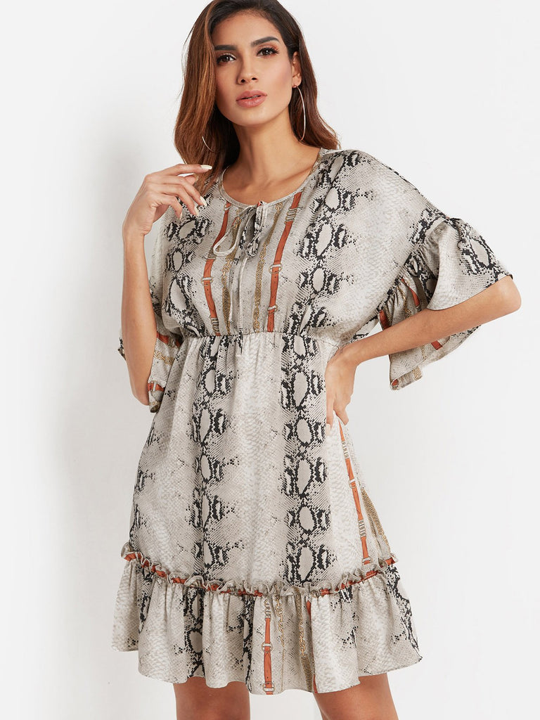 Scoop Neck Half Sleeve Snake Lace-Up Ruffle Hem Casual Dress