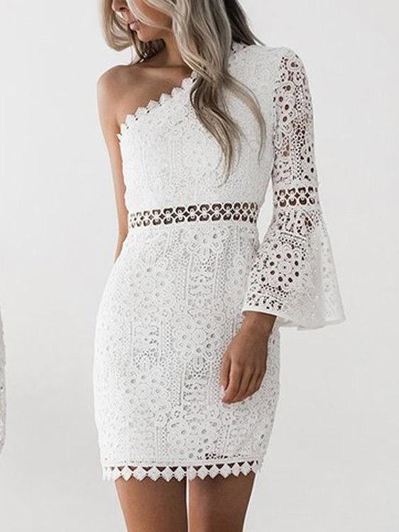 White One Shoulder Long Sleeve Plain Lace Zip Back Hollow Sexy Dress