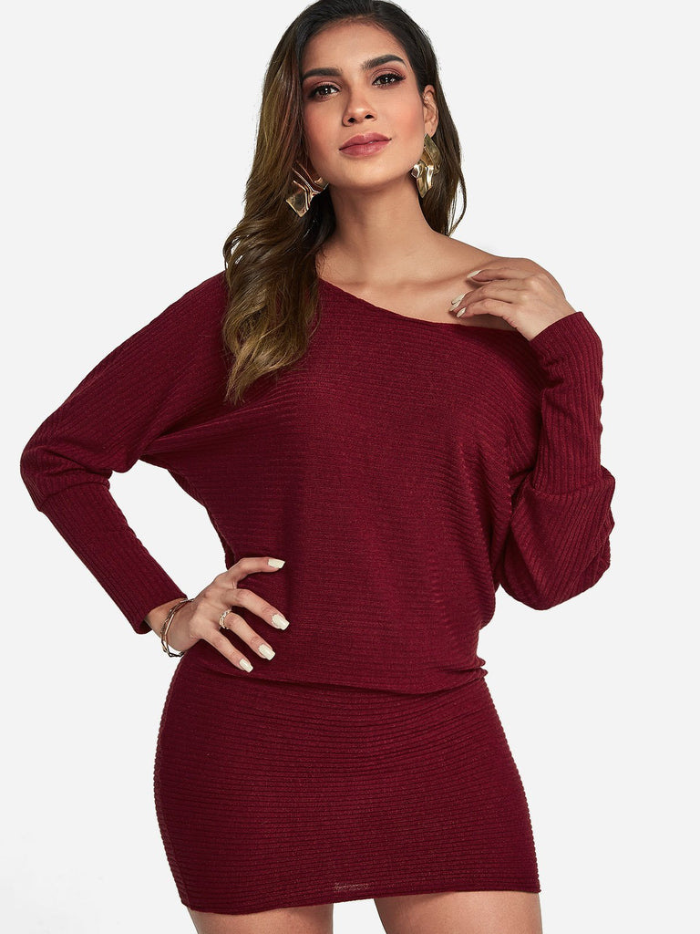 One Shoulder Long Sleeve Plain Sexy Dress