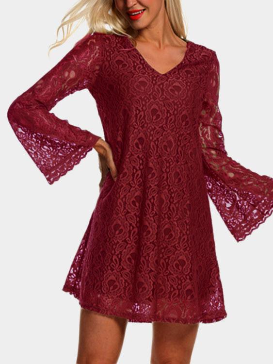 V-Neck Long Sleeve Plain Lace Dresses